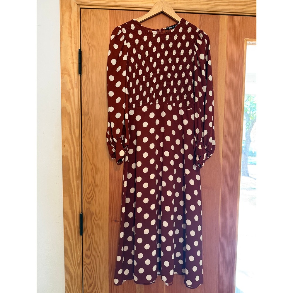 Zara Brown Polka Dot Smocked Midi Dress Long Puff Sleeve Small